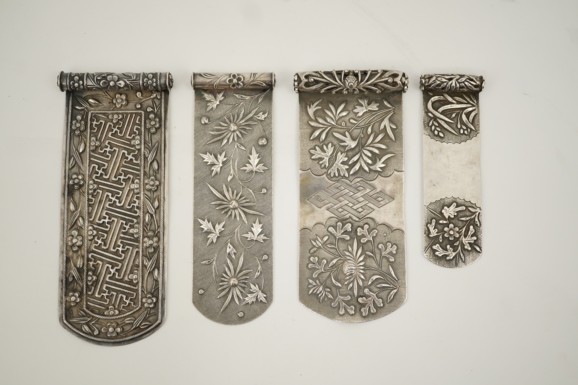 Four Chinese silver hair ornaments, bian fang, late 19th century
